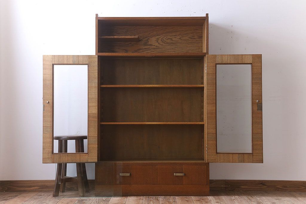 レトロ家具　昭和レトロ　シンプルデザインの古いナラ材製本箱(ブックケース)