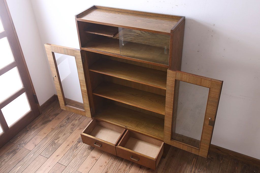 レトロ家具　昭和レトロ　シンプルデザインの古いナラ材製本箱(ブックケース)