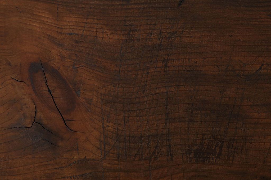 アンティーク家具　天板一枚板　檜材　シンプルな鉄脚ベンチ(2)