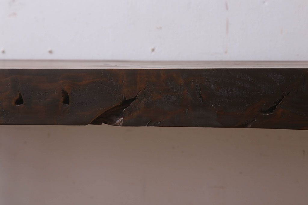 アンティーク家具　天板一枚板　檜材　シンプルな鉄脚ベンチ(2)