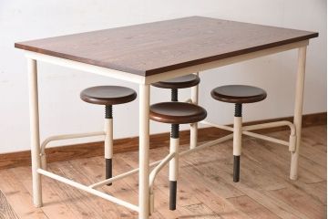 ラフジュ工房オリジナル　アイアンフレームの4脚格納スツール付き作業台(テーブル・机)