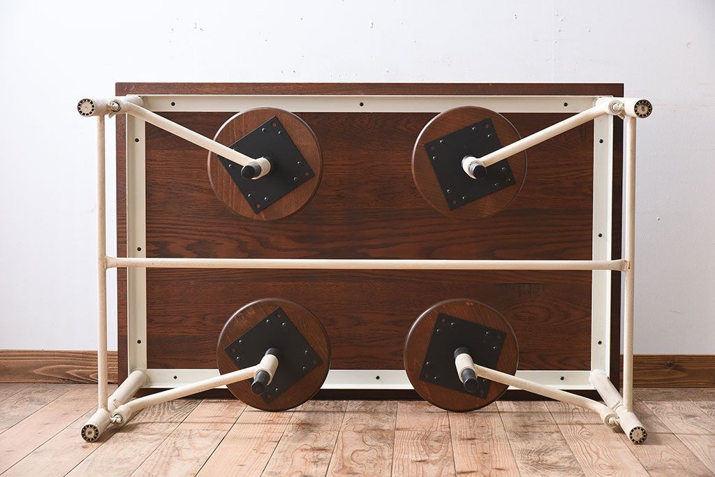 ラフジュ工房オリジナル　アイアンフレームの4脚格納スツール付き作業台(テーブル・机)