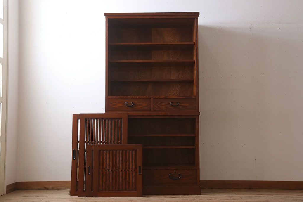 中古　タモ材製　民芸家具　高級品　2段重ね食器棚(定価38万8千円)