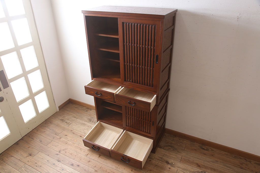 中古　タモ材製　民芸家具　高級品　2段重ね食器棚(定価38万8千円)