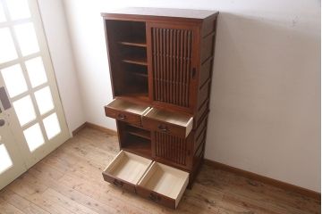 中古　タモ材製　民芸家具　高級品　2段重ね食器棚(定価38万8千円)