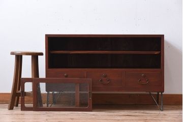 アンティーク家具　アンティーク　気泡ガラス引き戸の鉄脚ローボード(2)