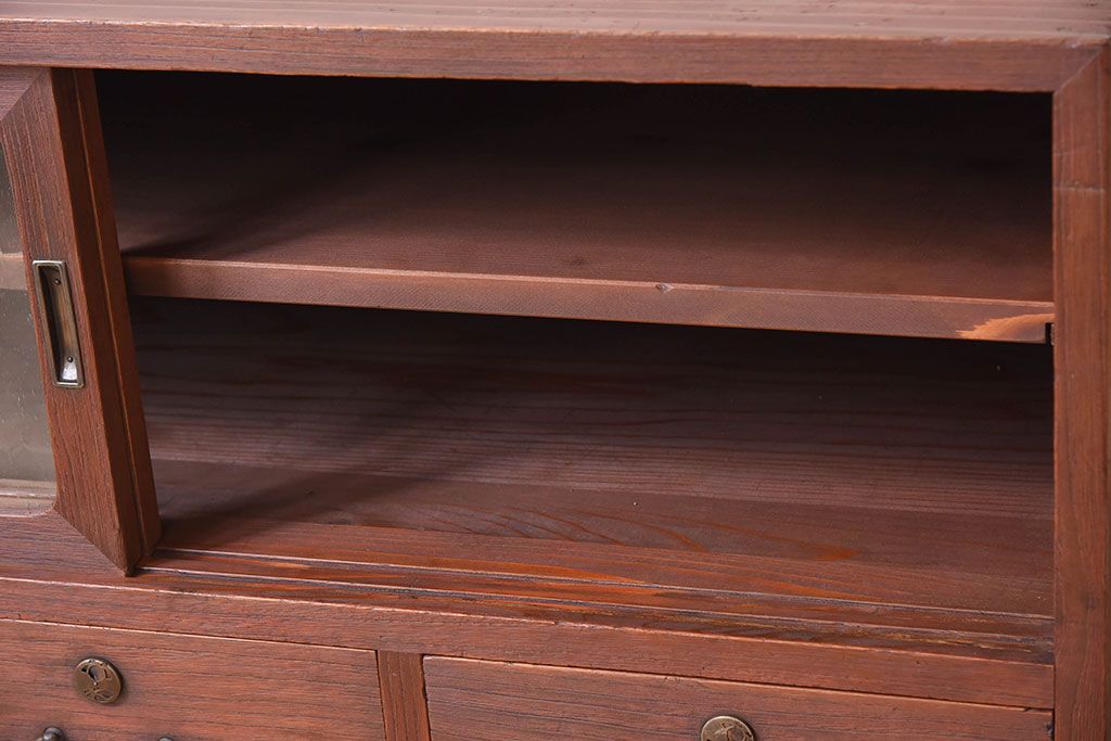 アンティーク家具　アンティーク　気泡ガラス引き戸の鉄脚ローボード(2)