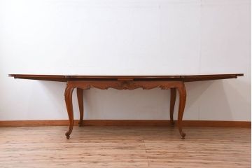 ヴィンテージ家具　フランスビンテージ　パーケット天板　マホガニー材　猫脚のエクステンションテーブル