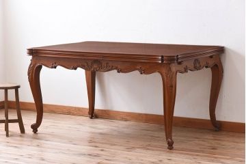 ヴィンテージ家具　フランスビンテージ　パーケット天板　マホガニー材　猫脚のエクステンションテーブル