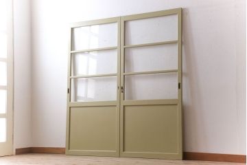 アンティーク　背が高いペイントガラス戸2枚セット
