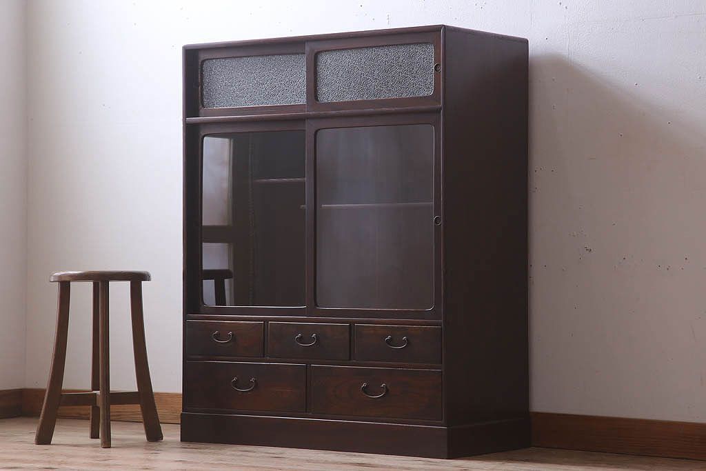 アンティーク家具　ダイヤガラス入り!和製アンティークの古い茶箪笥