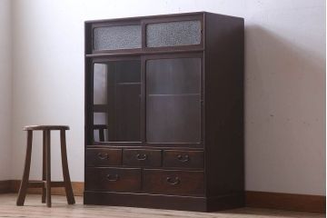 アンティーク家具　ダイヤガラス入り!和製アンティークの古い茶箪笥