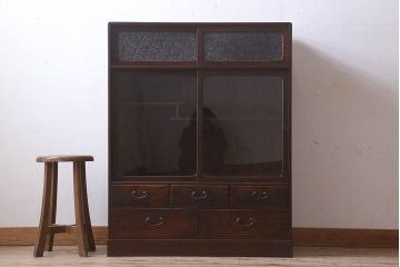 アンティーク家具　ダイヤガラス入り!和製アンティークの古い茶箪笥