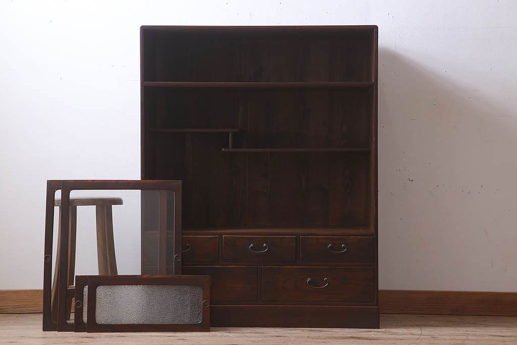 アンティーク家具　ダイヤガラス入り!和製アンティークの古い茶箪笥