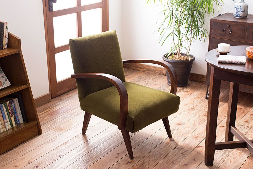 レトロ家具　ブナ材　シンプルでレトロなアンティーク1人掛けアームソファ(2)