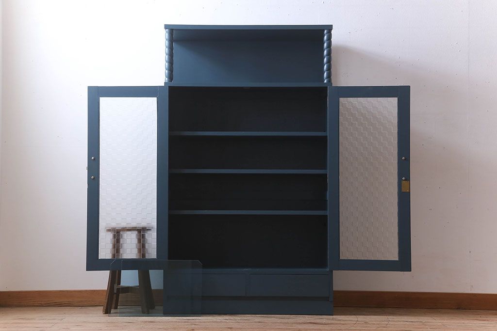 レトロ家具　昭和レトロ　チェッカーガラス入り!ペイント本箱