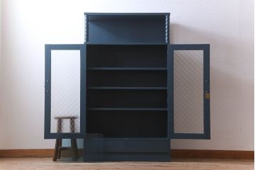 レトロ家具　昭和レトロ　チェッカーガラス入り!ペイント本箱