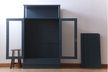 レトロ家具　昭和レトロ　チェッカーガラス入り!ペイント本箱