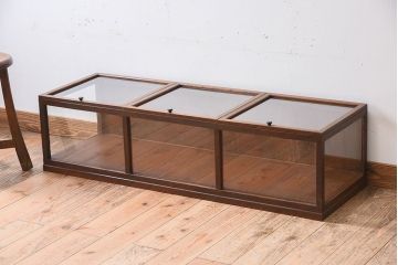 アンティーク家具　アンティーク　欅材　上蓋開き扉の小ぶりな横型ガラスケース(1)