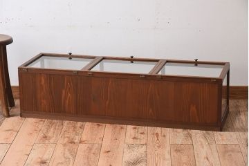 アンティーク家具　アンティーク　欅材　上蓋開き扉の小ぶりな横型ガラスケース(1)
