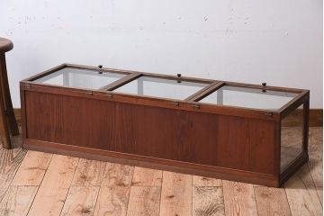 アンティーク家具　アンティーク　ケヤキ材　上蓋開き扉の小ぶりな横型ガラスケース(2)