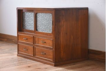 アンティーク家具　ダイヤガラス引き戸　小ぶりなアンティーク収納棚