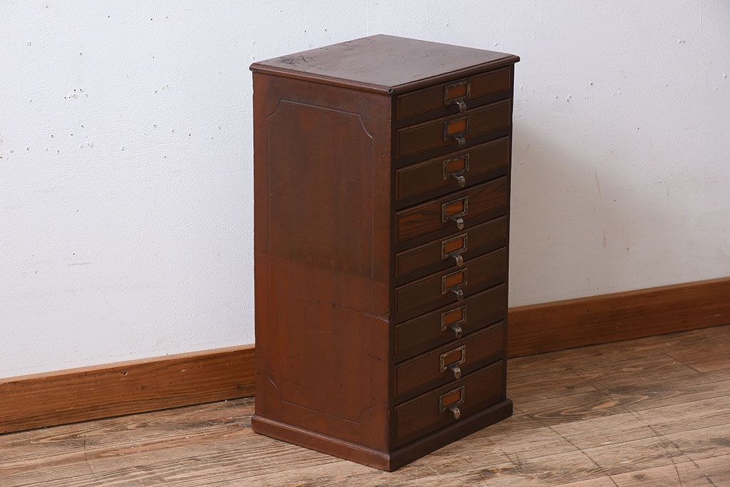 アンティーク家具　和製アンティーク　9杯引き出し付き!昭和期のネームプレート付き小引き出し