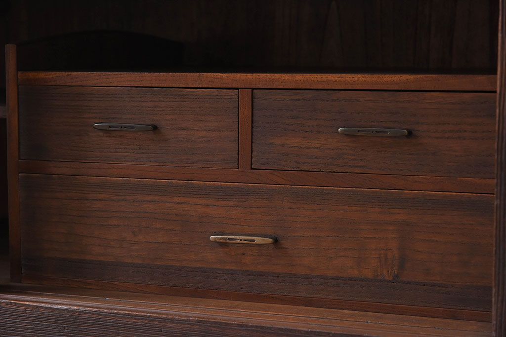 アンティーク家具　総桐材製　クリアガラス引き戸　古い木の鉄脚ローボード(桐箪笥、桐たんす)