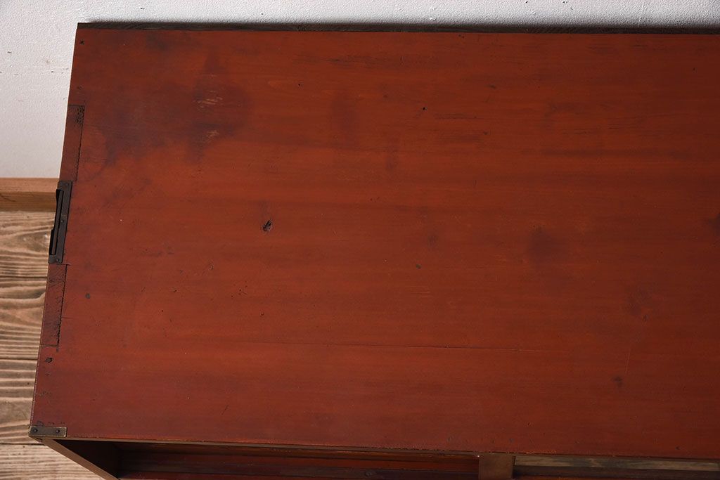 レトロ家具　昭和レトロ　前面欅材　漆塗り　結霜ガラス引き戸の鉄脚ローボード