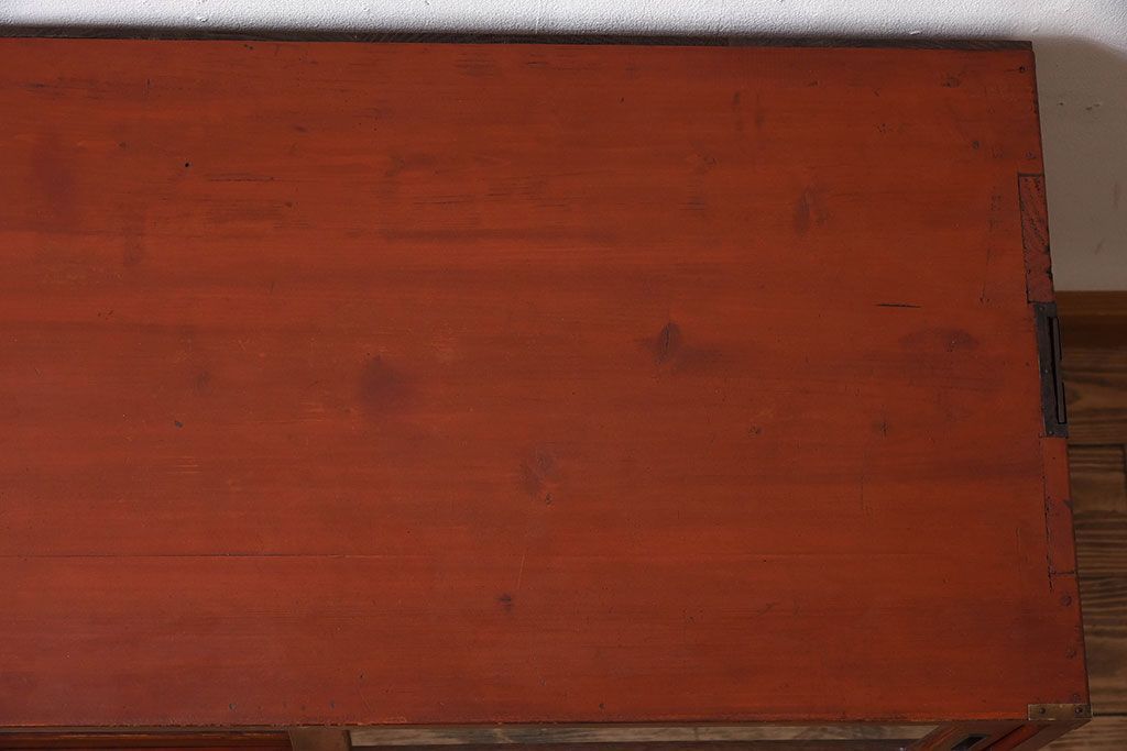 レトロ家具　昭和レトロ　前面欅材　漆塗り　結霜ガラス引き戸の鉄脚ローボード