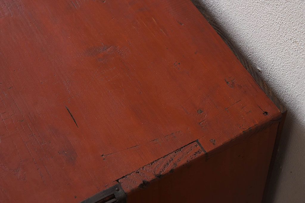 レトロ家具　昭和レトロ　前面欅材　漆塗り　結霜ガラス引き戸の鉄脚ローボード