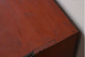 レトロ家具　昭和レトロ　前面欅材　漆塗り　結霜ガラス引き戸の鉄脚ローボード