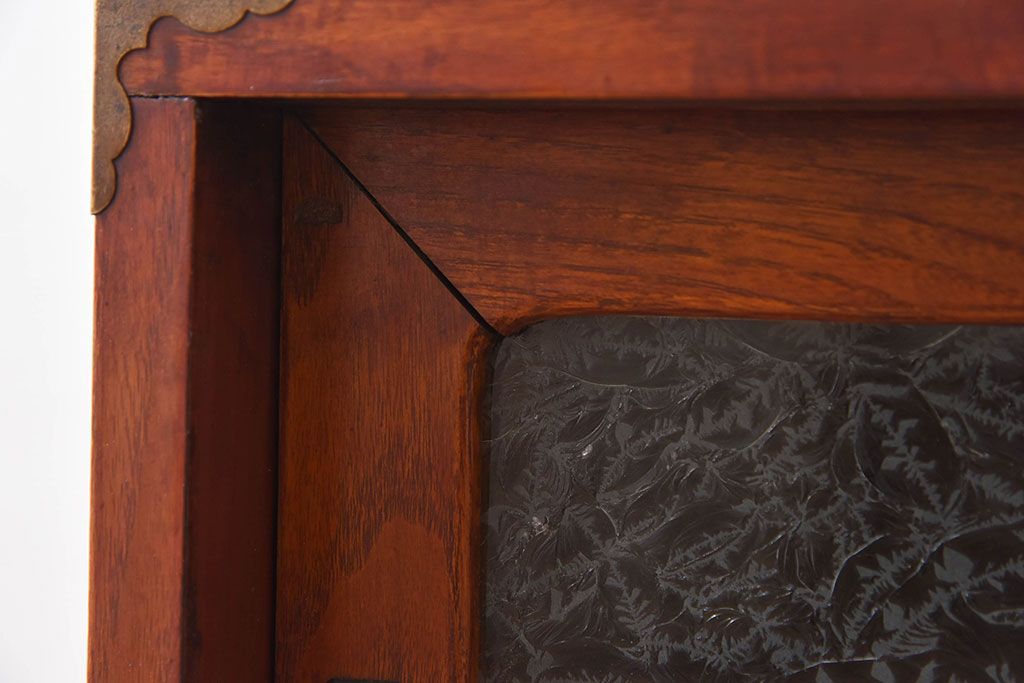 レトロ家具　昭和レトロ　前面欅材　漆塗り　結霜ガラス引き戸の鉄脚ローボード