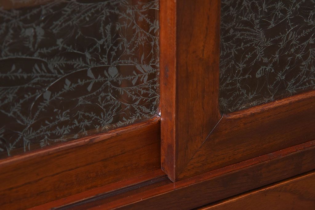 レトロ家具　昭和レトロ　前面欅材　漆塗り　結霜ガラス引き戸の鉄脚ローボード