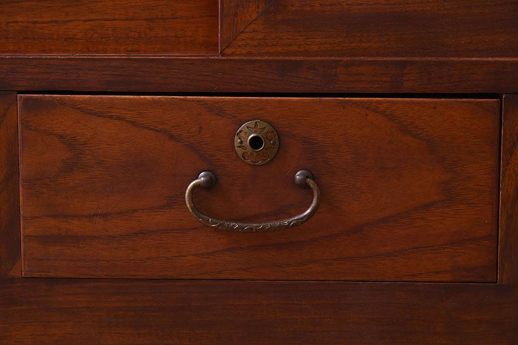 レトロ家具　昭和レトロ　前面欅材　漆塗り　結霜ガラス引き戸の鉄脚ローボード