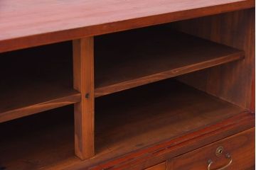 レトロ家具　昭和レトロ　前面欅材　漆塗り　結霜ガラス引き戸の鉄脚ローボード