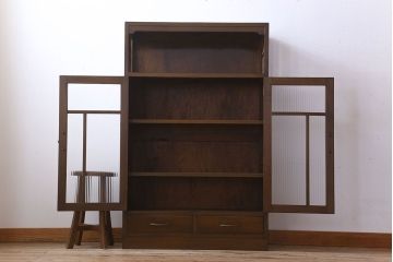 レトロ家具　和製アンティーク　モールガラス入り!大ぶりなレトロ本箱(ブックケース)(3)