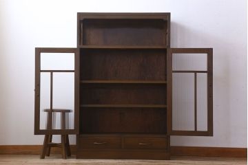 レトロ家具　和製アンティーク　モールガラス入り!大ぶりなレトロ本箱(ブックケース)(3)