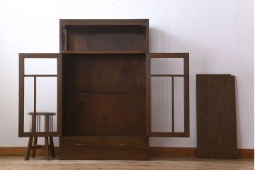 レトロ家具　和製アンティーク　モールガラス入り!大ぶりなレトロ本箱(ブックケース)(3)