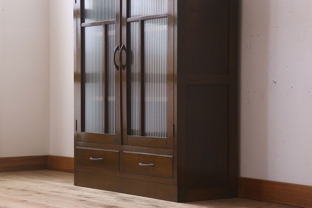 レトロ家具　和製アンティーク　モールガラス入り!大ぶりなレトロ本箱(ブックケース)(3)