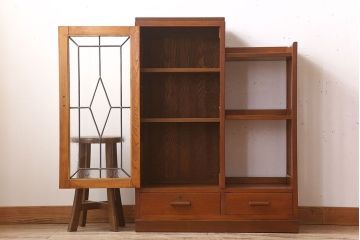 レトロ家具　昭和レトロ　ラフジュ工房オリジナルステンドグラス　ステンドグラス扉　ナラ材　古い木製の本箱