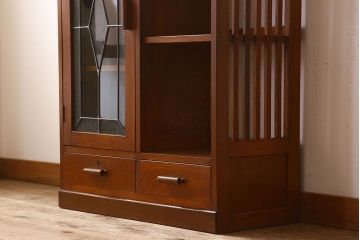 レトロ家具　昭和レトロ　ラフジュ工房オリジナルステンドグラス　ステンドグラス扉　ナラ材　古い木製の本箱