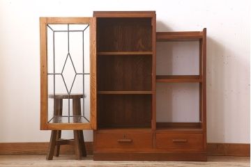 レトロ家具　昭和レトロ　ラフジュ工房オリジナルステンドグラス　ステンドグラス扉　ナラ材　古い木製の本箱