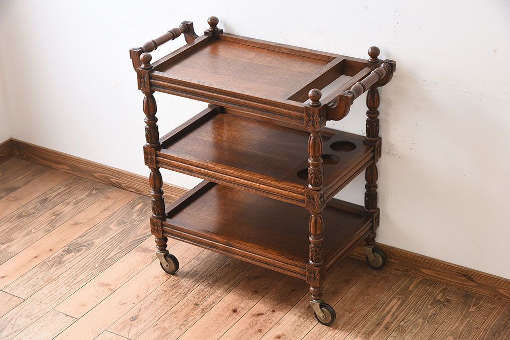 アンティーク雑貨　フランスアンティーク　オーク材!キャスター付きワゴン