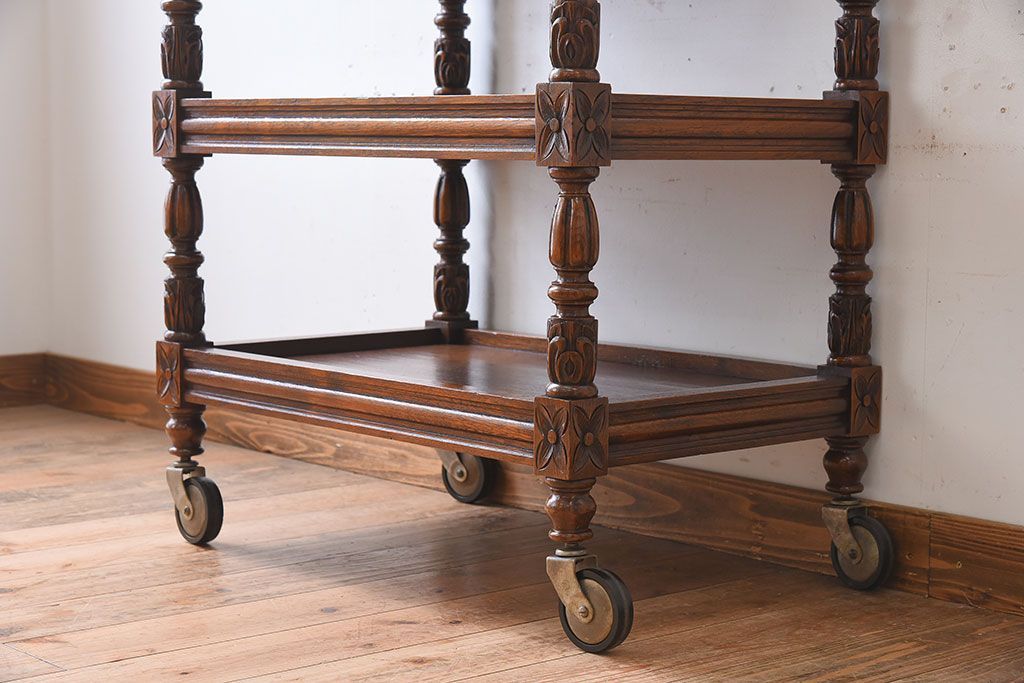 アンティーク雑貨　フランスアンティーク　オーク材!キャスター付きワゴン