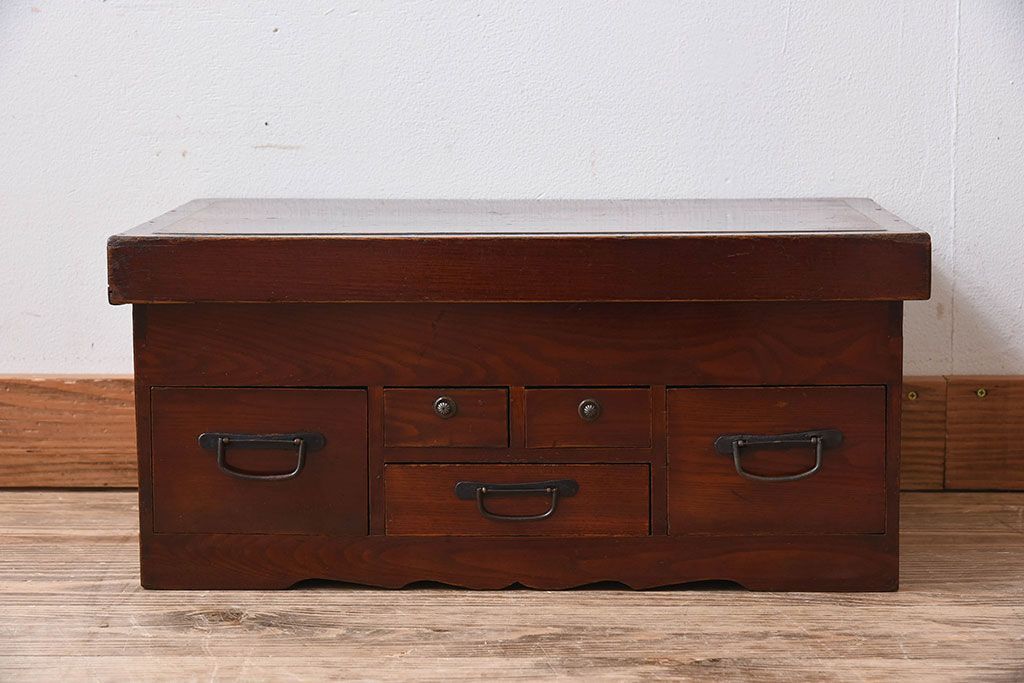 アンティーク家具　総欅材　漆塗り　和製アンティークの箱膳(収納箱・小引き出し)