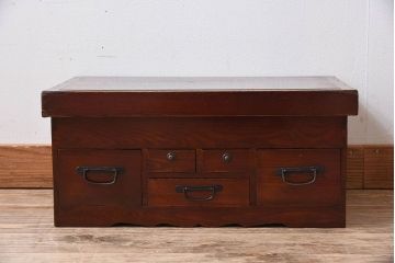 アンティーク家具　総欅材　漆塗り　和製アンティークの箱膳(収納箱・小引き出し)