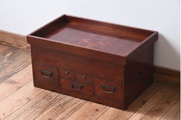 アンティーク家具　総欅材　漆塗り　和製アンティークの箱膳(収納箱・小引き出し)