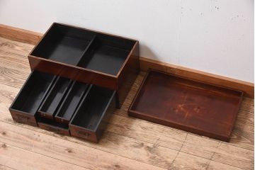 アンティーク家具　総欅材　漆塗り　和製アンティークの箱膳(収納箱・小引き出し)