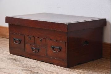 アンティーク家具　総欅材　漆塗り　和製アンティークの箱膳(収納箱・小引き出し)